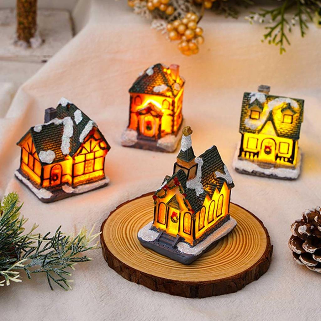 iikuru Christmas Decoration Christmas Interior Figurine Set 4-Piece Set, House, Object, Decor, Accessories, Lights, Ornaments, (ya195)