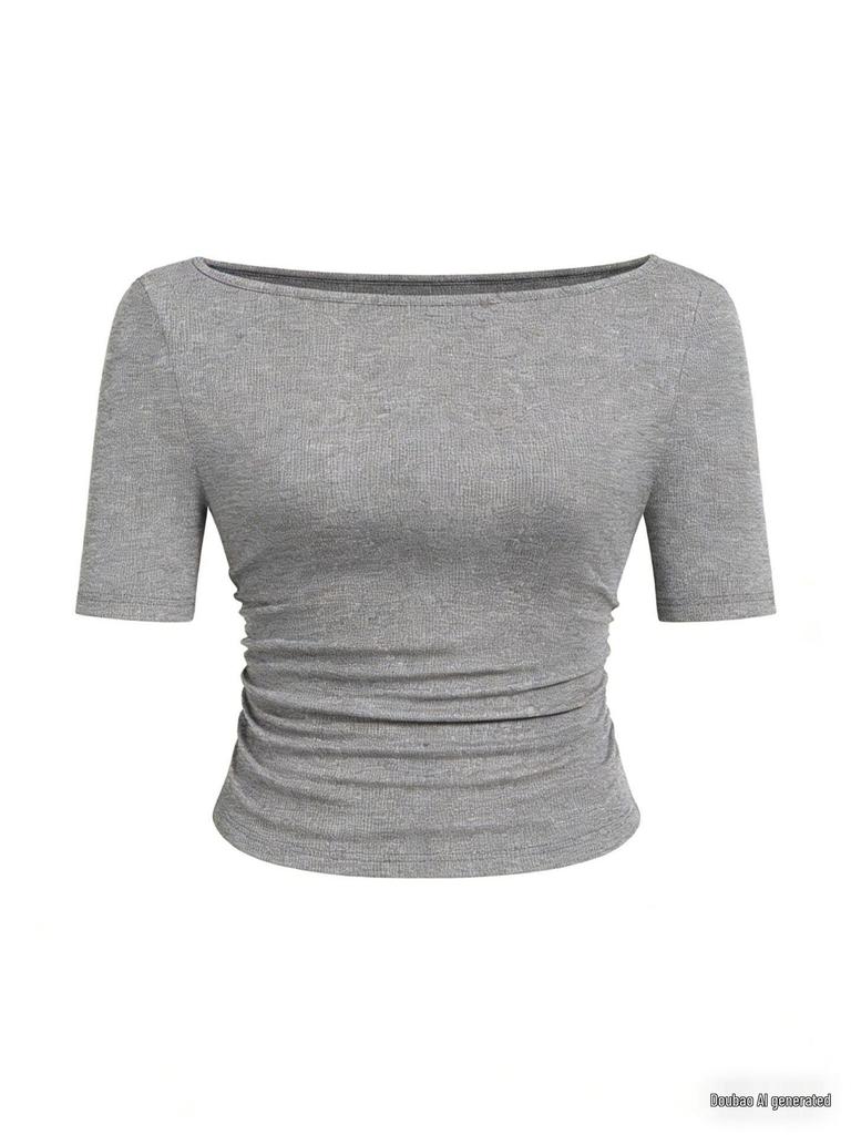 2025 Осень Приталенный женский топ с вырезом лодочкой, рукавами-колокольчиками и сборками - Однотонный, с длинным рукавом