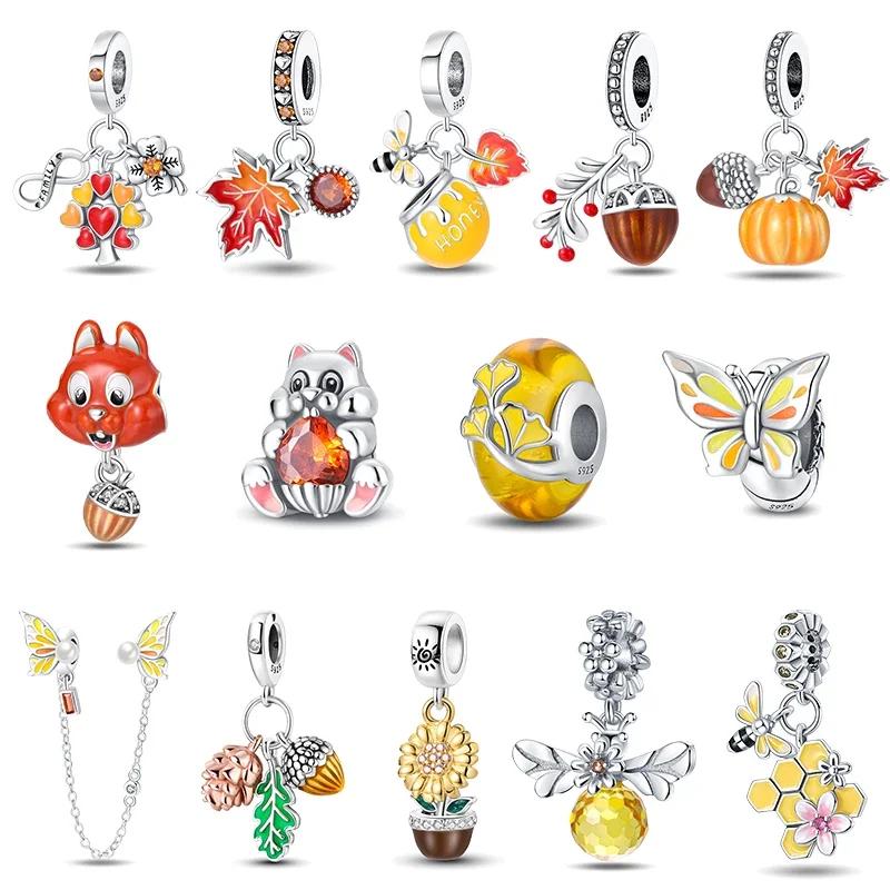 Copper Fashion Squirrel Maple Leaf Autumn Series Charms Beads Fit Original Bracelets Diy Jewelry Making