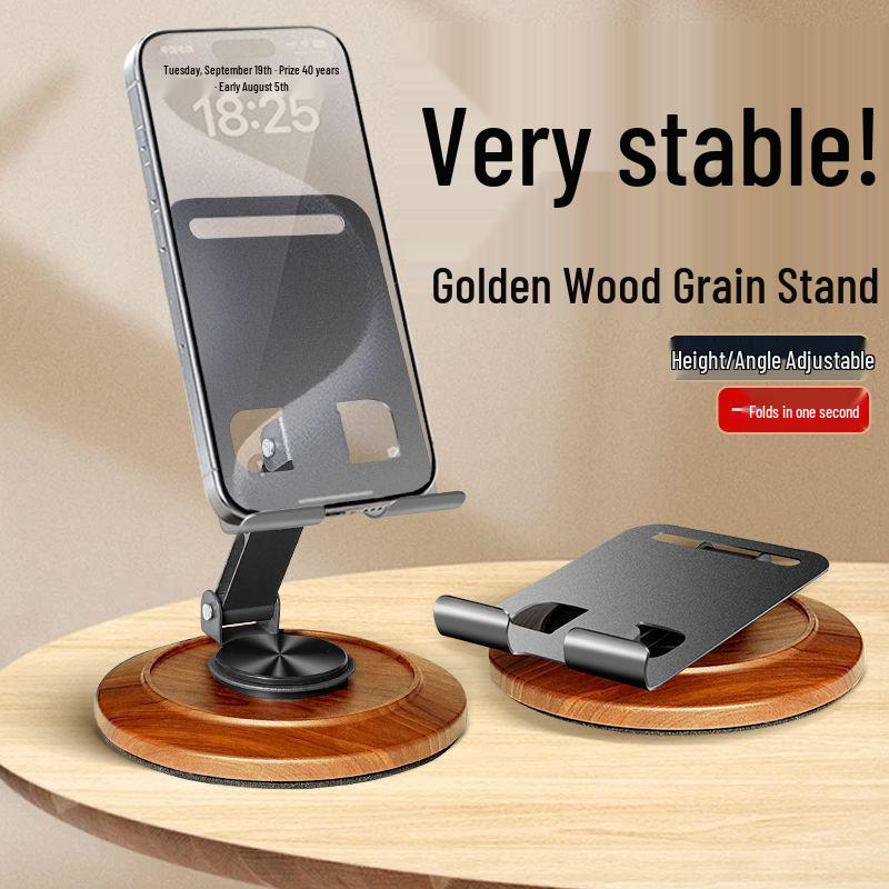 Walnut Wood Rotating Metal Phone Stand – Adjustable Desktop Holder for Streaming and Viewing