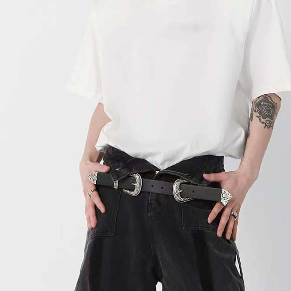 Cool Carved Buckle Belt American Style PU Vintage Waistband Fashion Double Buckle Waist Belt Party