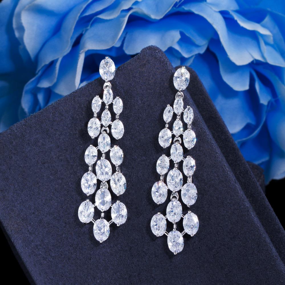 CMM Sparkling Cubic Zirconia Chandelier White Gold Color Drop Earrings