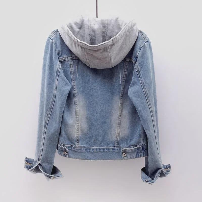 Women's Slim Hooded Denim Jacket - Popular Japanese and Korean Style, Long-Sleeved, Short Length for Spring and Autumn