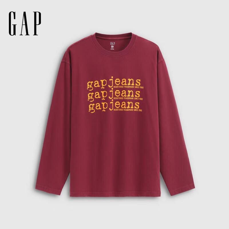 Gap Унисекс хлопковая футболка с принтом логотипа, свободного кроя, с длинным рукавом