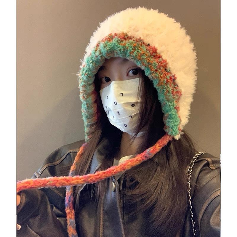 Winter Handmade Fashion Fringed Ball Wool Hat Thickened Thermal Bald Hat Women's Ear Protectors Straps Knitted Hat Tide