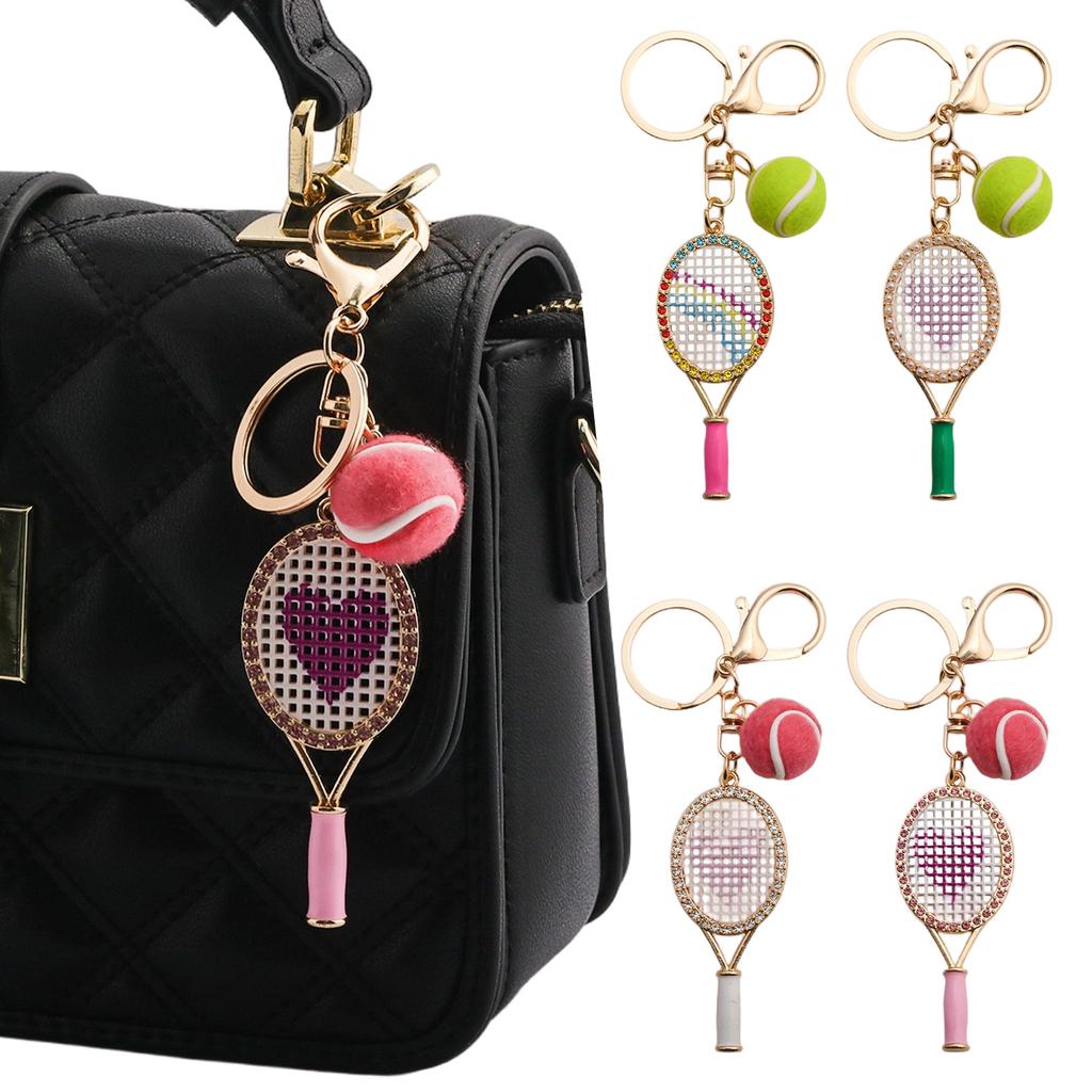 Crystal Tennis Racket Mini Felt Tennis Ball Bag Charm Sports Backpack Purse Pendant Gift for Women Bag Charm