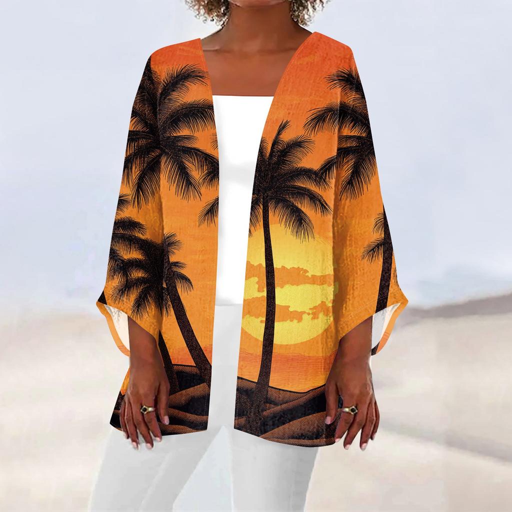 Women's Casual Fashion Beach Ocean Tree Print Lightweight Mid-Length Jacket Cardigan