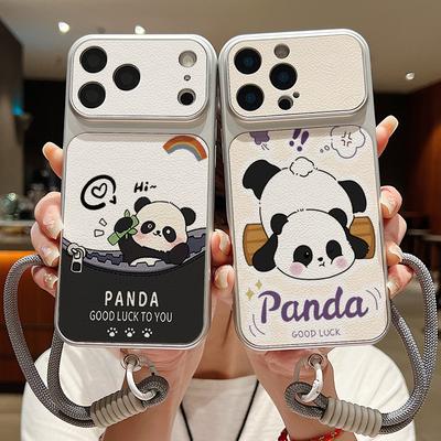 Милый мультяшный панда кожаный чехол-шнурок для iPhone 18 Pro Max 17 16 15 14 13 Pro Max Роскошный гибридный ТПУ+ПУ противоскользящий мягкий чехол для телефона