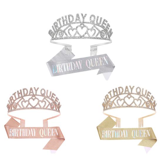 Birthday Queen Tiara Sash Set Rhinestone Cown Comb Happy Birthday Sash Festive Headwear for Women Party Decor