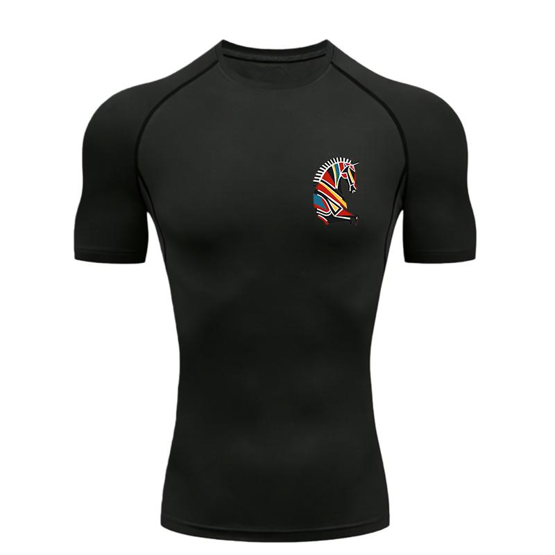 Horse Head Pattern Men's Sports T-shirt Training Fitness Gym Jogging Running Workout Compression Short Sleeve T-Shirt