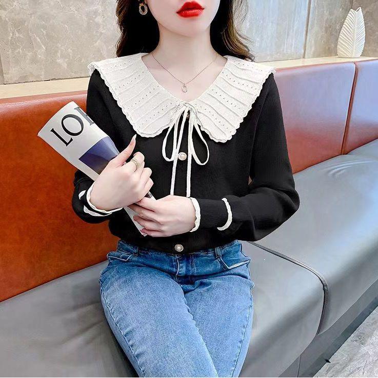 Вязаный свитер с бантом и кукольным вырезом, с длинными рукавами, модная верхняя одежда на осень и зиму со шнуровкой, излучающая чувство темперамента и стиля