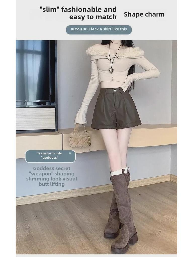 Женские шорты из искусственной кожи с высокой талией — облегающие, свободный крой, широкие штанины, повседневные, на весну, осень, зиму, в американском стиле.