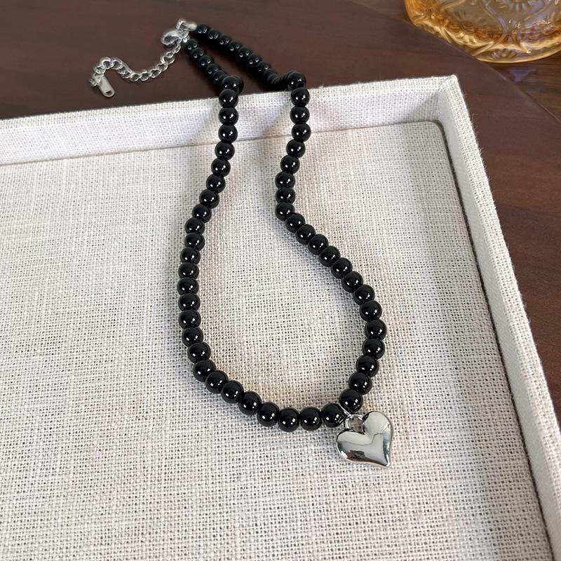 Новые аксессуары в стиле хип-хоп, черное стекло, серебряный кулон с бусинами в форме любви, ожерелье, цепочка на ключицу, короткие ювелирные изделия для денег