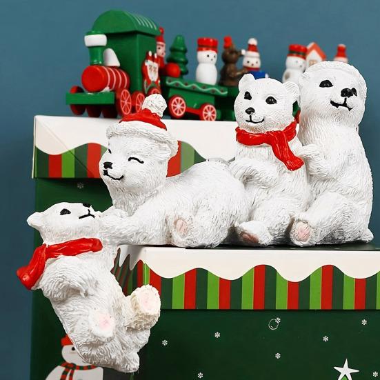 Рождественская фигурка семьи белых медведей в шапке Санты и красном шарфе, статуэтка четырех белых медведей, смола, скульптура животного, украшение для дома, офиса, настольное украшение