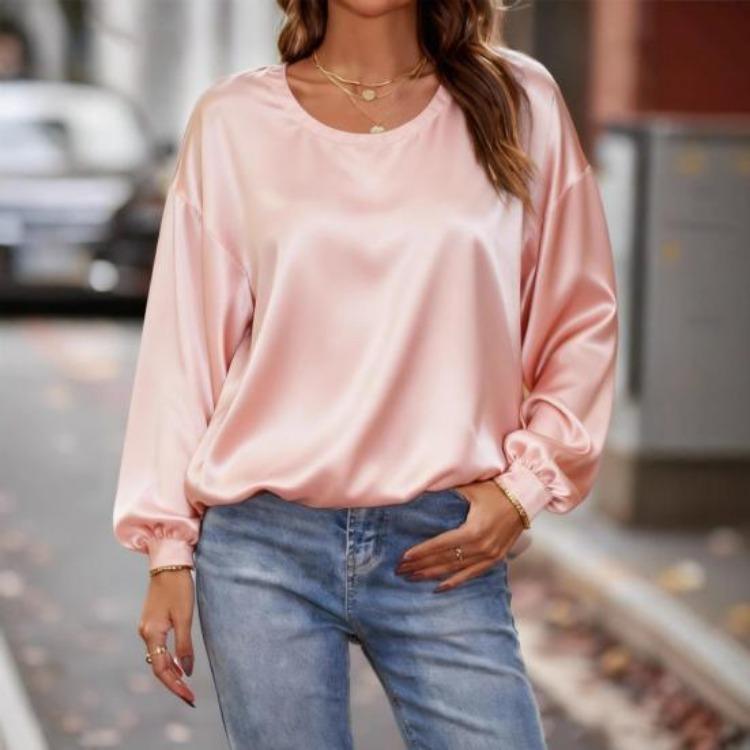 Женская блузка с длинным рукавом, однотонная, с круглым вырезом, свободного кроя, повседневная одежда для работы, вечеринки, свидания