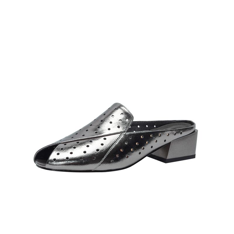 2024 Women Sandals Peep Toe Mule Slippers Concise Style Simple Mid Heel Shoes Cow Leather Mules Summer Women Outdoor Slippers