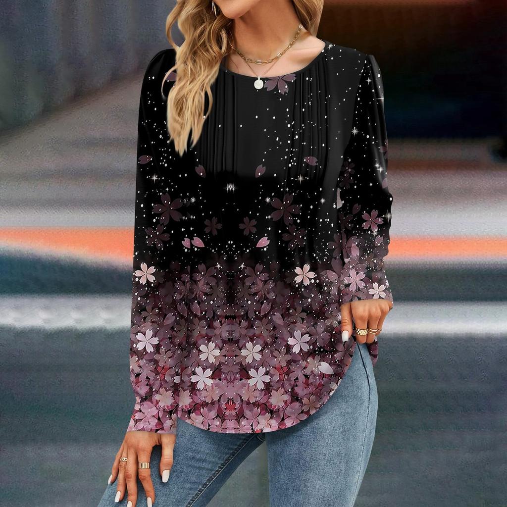 Women's Fall Fashion Casual Floral Top Long Sleeve Shirt Loose Pullover
