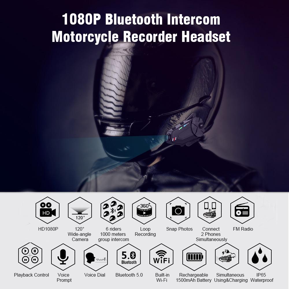 Мотошлем Bluetooth «Все в одном», HD-видеорегистратор, Интерком на 6 человек, 1000 метров