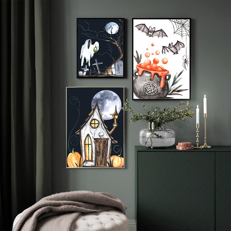 Black Skull Creative Wall Art Moon Kitten Scandinavian Poster Halloween Canvas Painting Wall Living Room Home Decoration