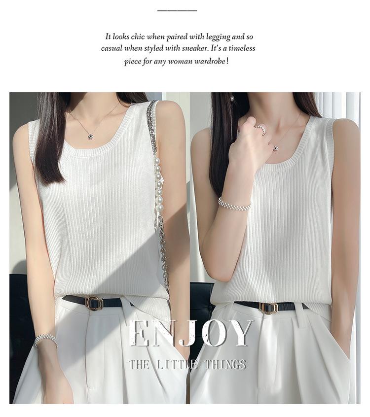 Женская летняя безрукавка из шелкового трикотажа Ice Silk Kint Camisole - Полосатый жилет с круглым вырезом