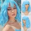 MISS WIG Women Natural Wavy Wig with Bangs Synthetic Fiber Shoulder Length Light Blue Cosplay Daily Wear Blue Wavy Wig