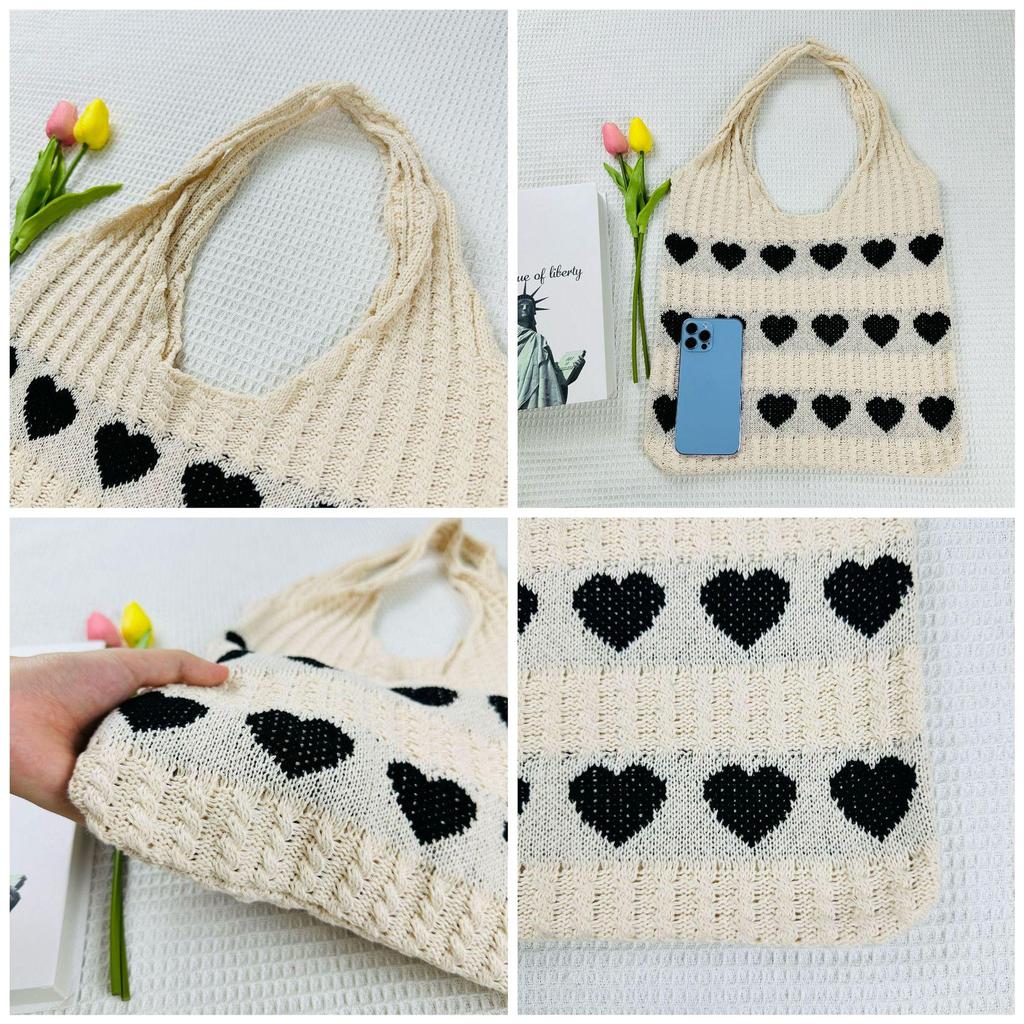 Эксклюзивная вязаная сумка-тоут большого размера с узором в виде сердец, 2023