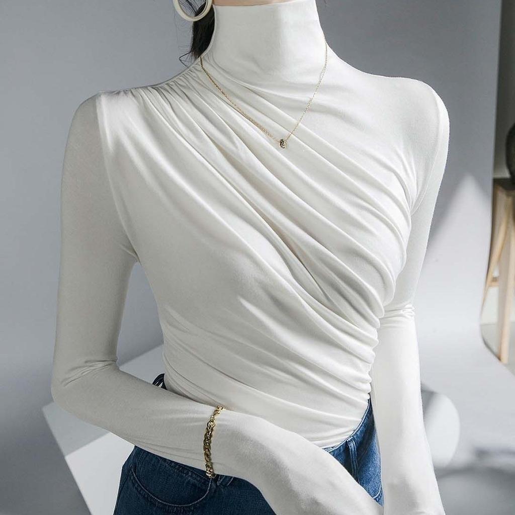 Pleated Half Turtleneck Bottoming Shirt for Women Tshirts Long Sleeve Slim Tops