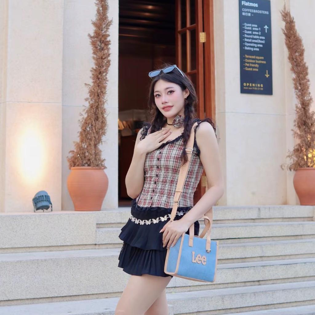 New Lee Fabric+Artificial Leather Tote Shoulder Bag, Crossbody Bag, Handbag Regular Women's Light Denim Blue LE240074M-521