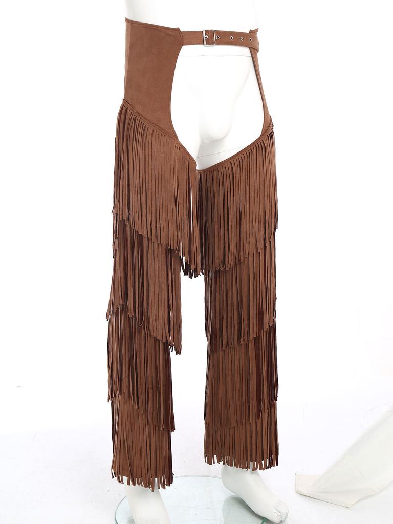 Adjustable Buckles Western Pants S-3XL for Adults Men - Cowboy Open Crotch Buttless Style with Layered Fringe for Raves Christmas Parties