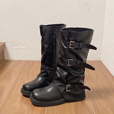 Пряжка ремня Лист брюк Складка Винтаж Рыцарь Платформа Ковбойские сапоги Вестерн Плиссированные Осенние Новые Сапоги средней длины