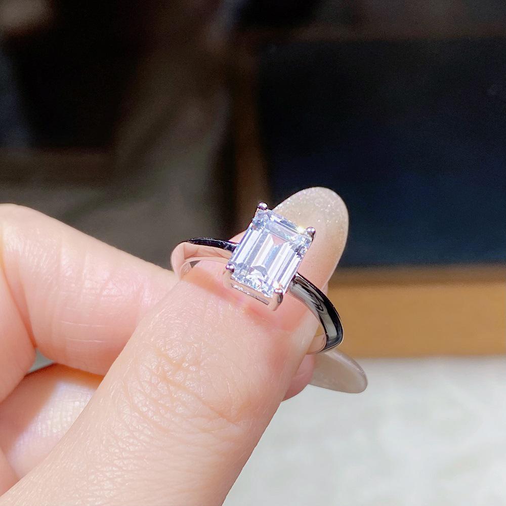 Emerald Cut Moissanite Ring, 2 Carat D Color, 925 Silver Four-Claw Setting.