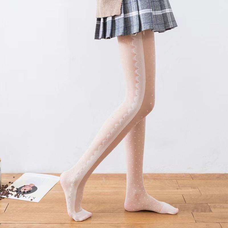 Girls Geometric patterns Thin Sheer Kawaii Hositry Women Sweet Heart Dot Jacquard Fishnet Pantyhose Slim Fit Bowknot Lace Tights