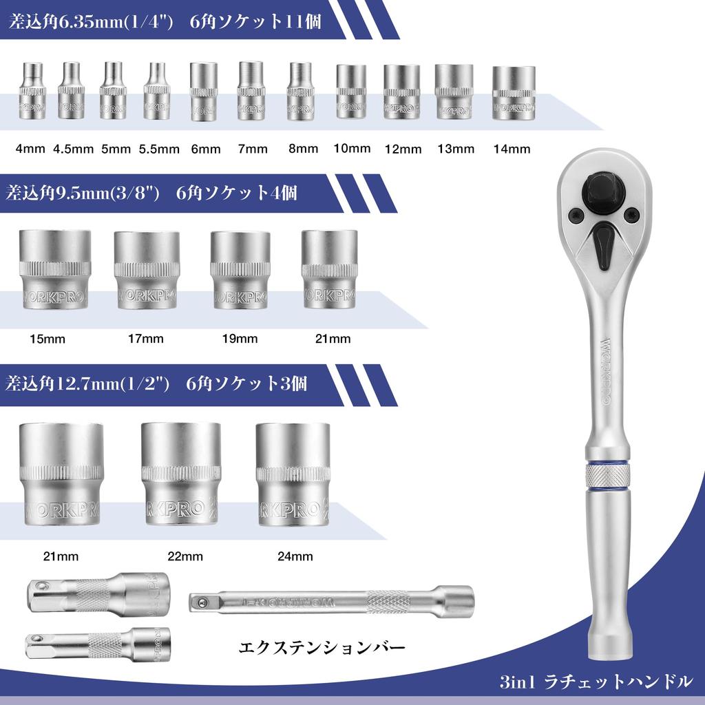 WORKPRO Набор гаечных ключей и головок для гаража с трещоткой и трещоткой Набор инструментов для ремонта мотоциклов и автомобилей с кейсом 22 предмета,