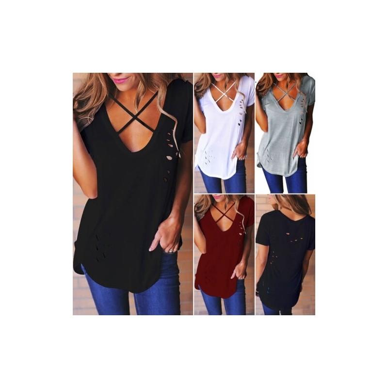 Neu Damen Shirt Bluse Casual Tunika Kurzarm Sommer V-ausschnitt T-shirts Top For Effortless Versatile Style