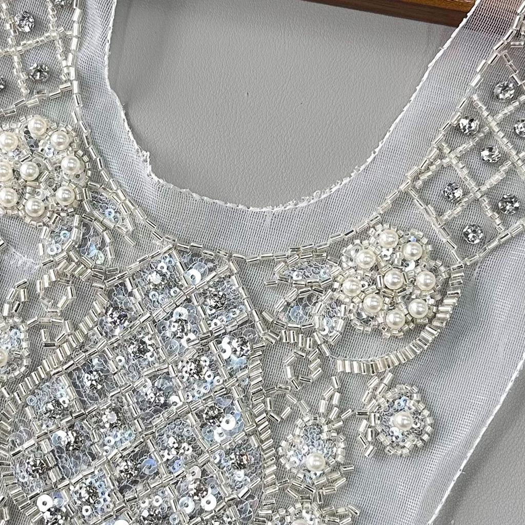 White Handmade Beaded Sequined Flower Mesh Collar Exotic Dress Wedding Decoration Accessories Front Collar Cloth Sticker