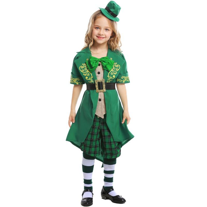 Green Fairy Costume Kids Halloween St. Patricks Day Performance Outfit Short Sleeve Dance
