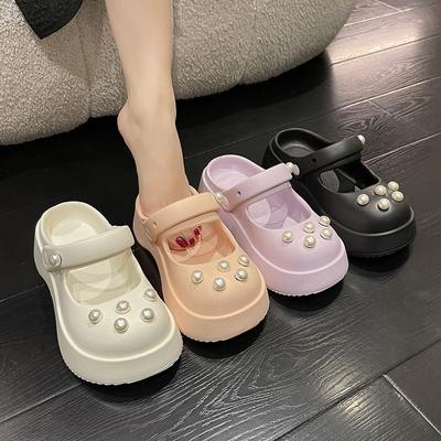 Сандалии Мюли Шлепанцы Высокий каблук до 5 см Туфли для женщин 2024 Облачные женские тапочки Кристаллы Летние драгоценности Круглый носок Высота обуви