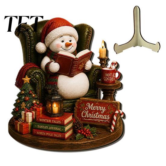 Festival Atmosphere Decor Christmas Wooden Table Sign, 2D Flat Santa Claus/Snowman Reading Desktop Ornament Xmas Home with Stand, Holiday Tabletop
