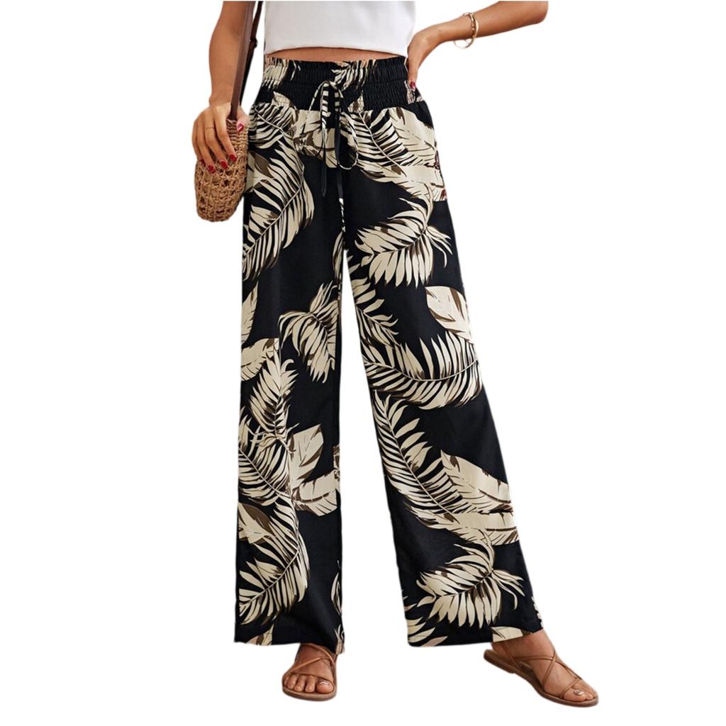 Women's Printed Wide Leg Pants With Pockets High Waist Drawstring Loose Casual Pants