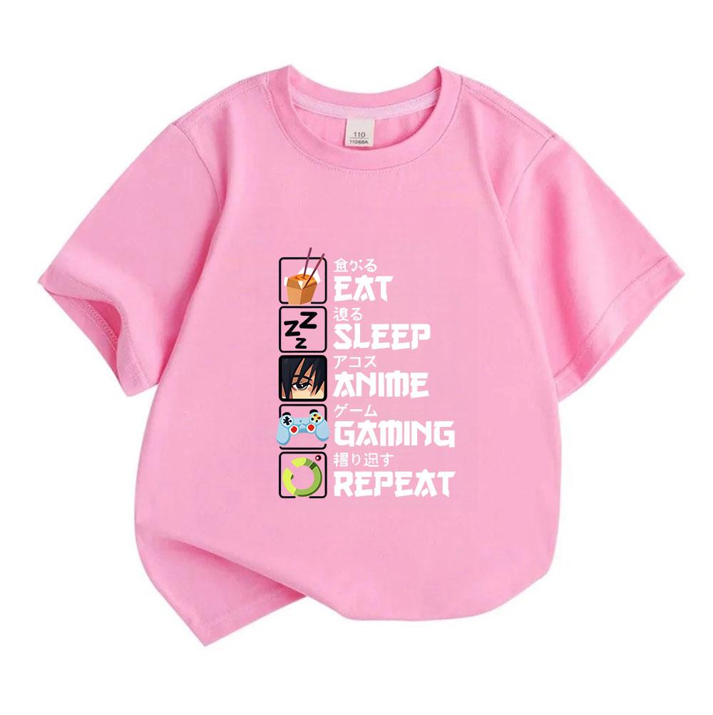 Kids Boys Girls 100% Cotton Crew Neck Short Sleeve T-Shirt, Funny Eat Sleep Anime Gaming Repeat Pattern Casual Soft Tee for Daily Wear