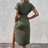 Women's Summer Split Solid Color Lace Up Turn Down Collar Single Breasted Dress