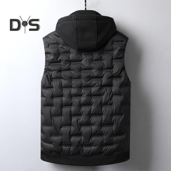 Men Cotton Vest with Removable Hood Drawstring Decoration Sleeveless Waistcoat Solid Color Zipper Placket Vest Coat