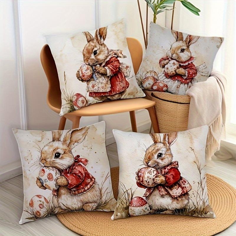4 2D Retro Easter Bunny Pillowcases With Geometric Patterns, Suitable For Sofa, Living Room, And Bedroom Decor Pillowcases