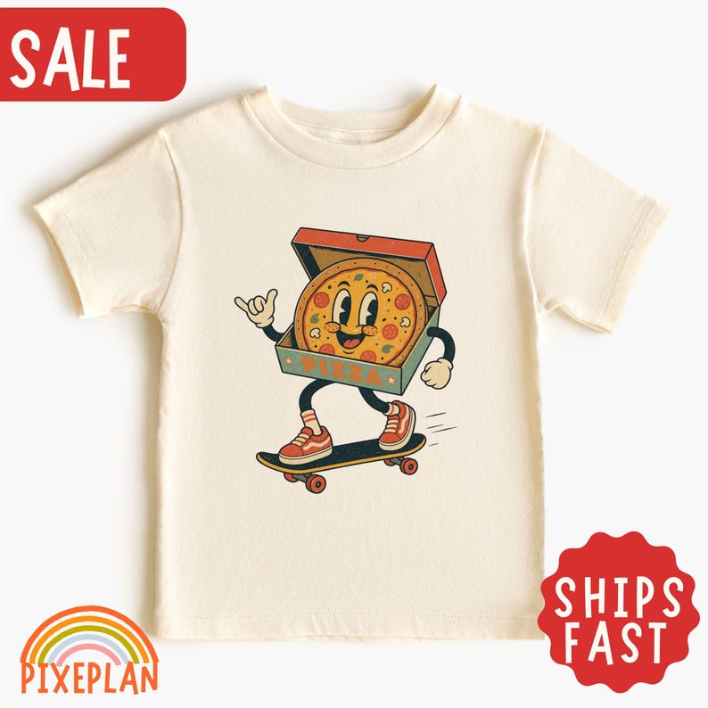 Retro Pizza Toddler Shirt, Boy Pizza Skateboard Kids Tee, Food Mascot Shirt, Cute Pizza Lover Kid Gift T-Shirt