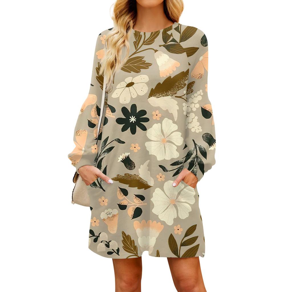Модное женское осеннее повседневное свободное платье с длинным рукавом и цветочным принтом