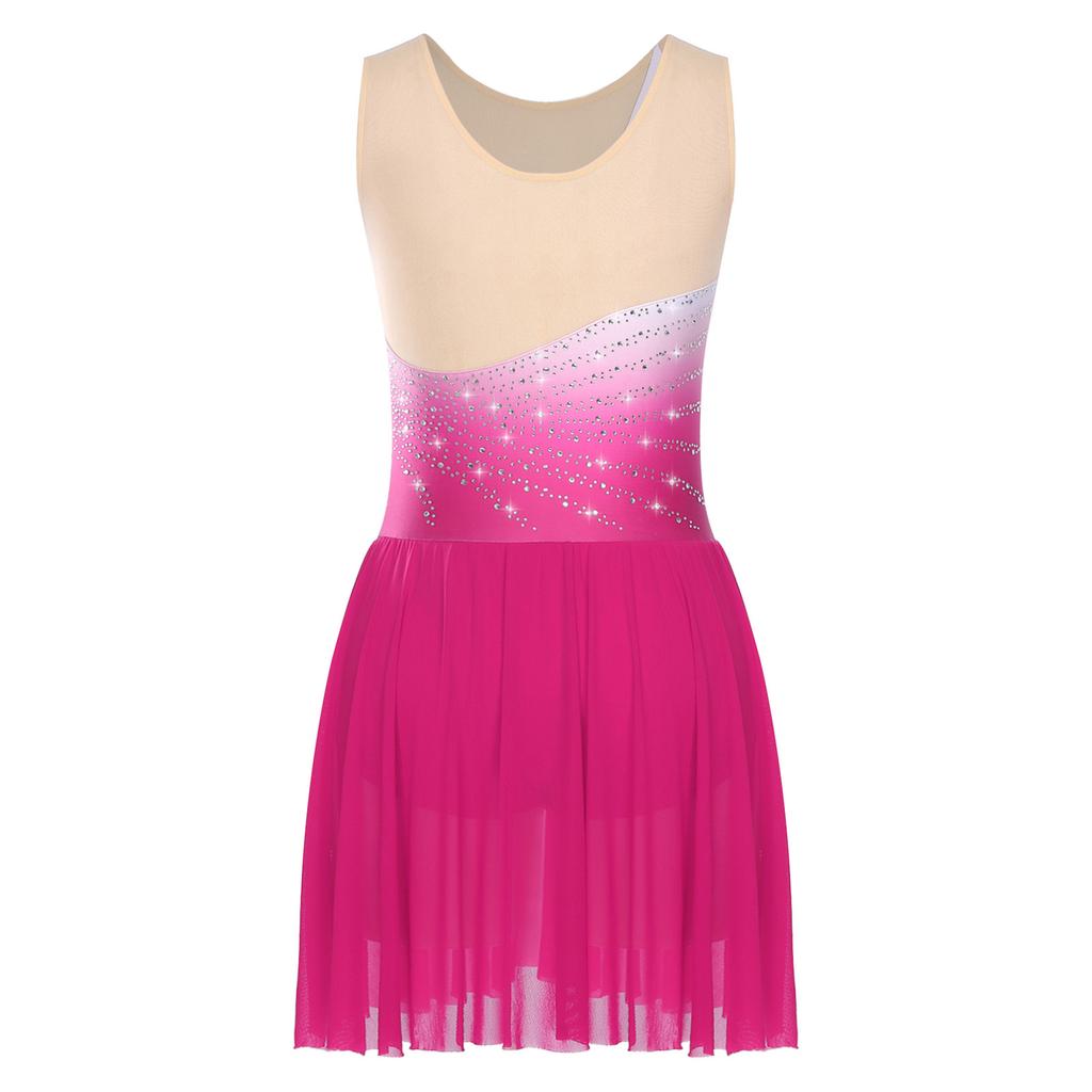 Женское платье для фигурного катания со стразами, сетчатой вставкой, без рукавов, платье для катания на льду, со встроенными трусиками