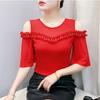Fashion Women’s Summer T-Shirt Chic Ruffles Hot Diamonds Off Shoulder Tops Shirts Sexy O-neck Elastic Slim Mesh Female Tees