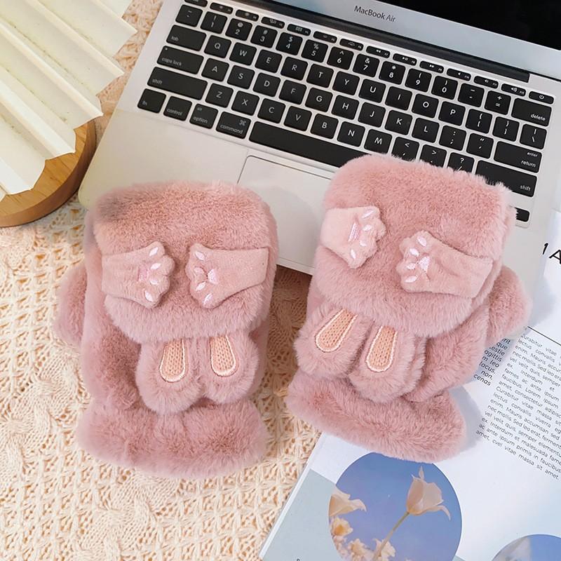 Зимние утепленные и утолщенные теплые перчатки женские, закрывающие лицо, щурящиеся кроличьи уши, милые плюшевые перчатки с застежкой-молнией, студенческие перчатки