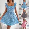 Women's Floral Print Lace-up Square Neck A-line Skirt Short Sleeve Dress