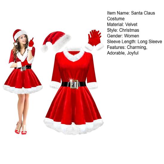 4 Pcs Mrs. Claus Costume Set for Women Adult Velvet Santa Claus Dress with Belt Santa Hat Gloves Set for Christmas Party